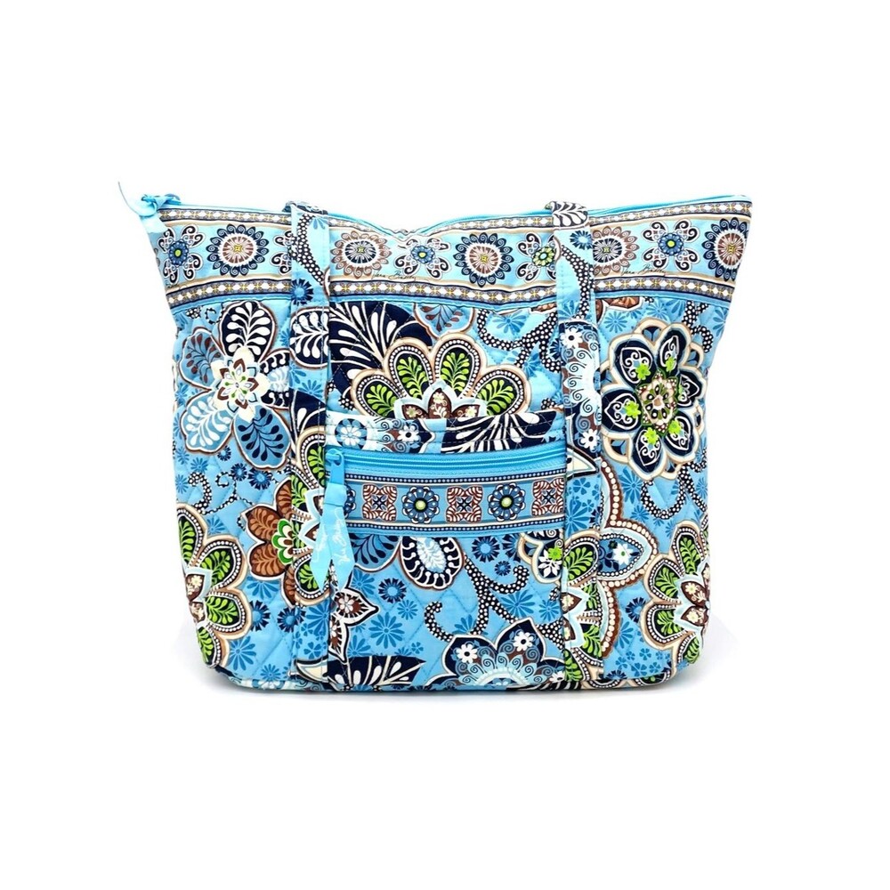 Vera Bradley Bali Blue Quilted Zip Tote Bag Aqua Brown Paisley Retired USA Made